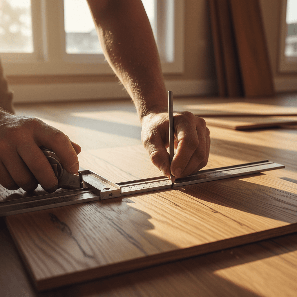 Craftsman measuring hardwood floor with precision tool