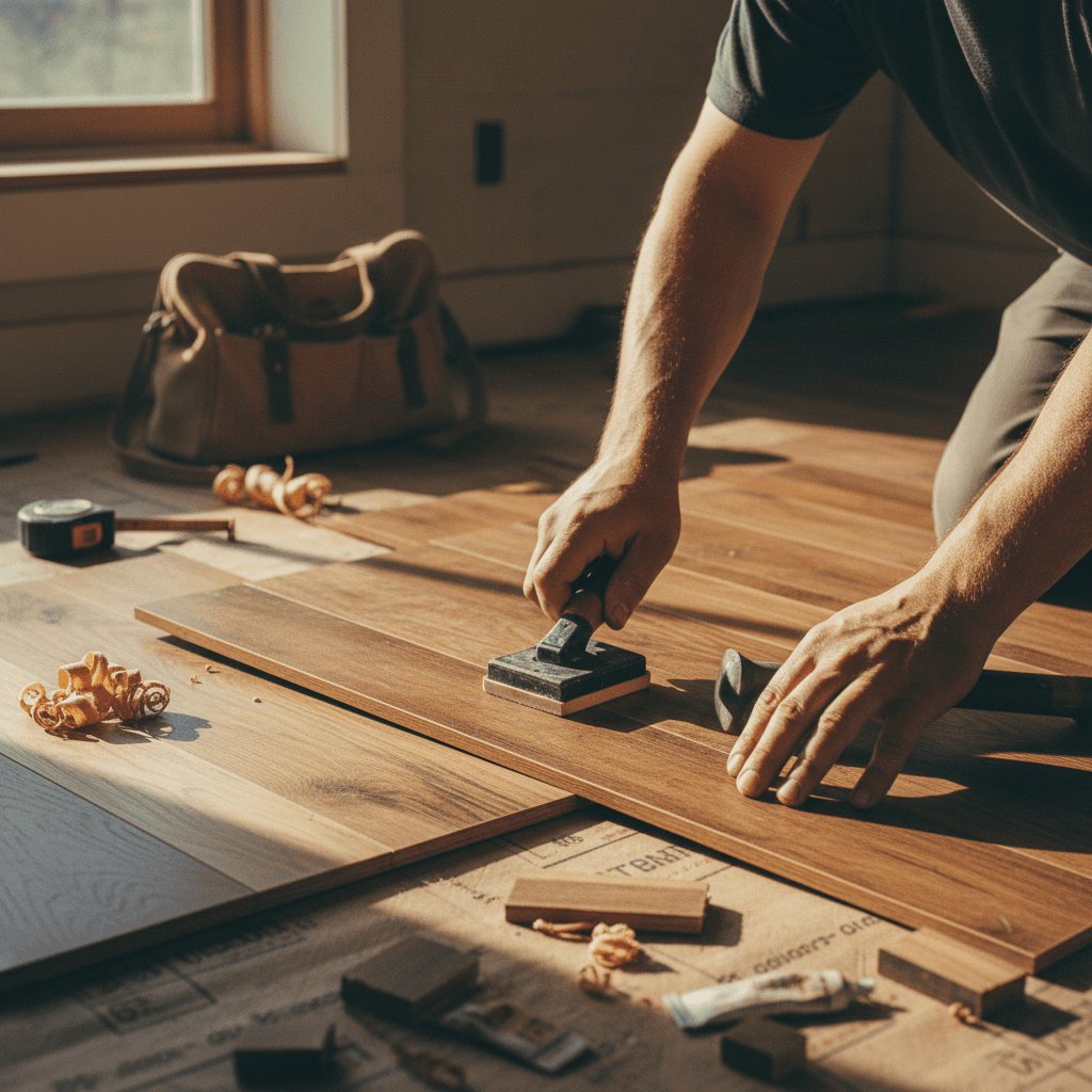 Flooring craftsman installing engineered hardwood